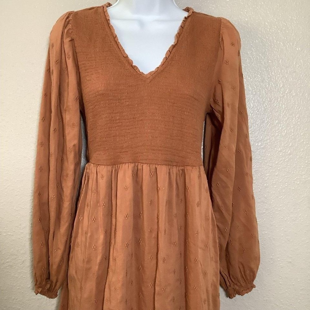 Orange Boho Chic Cottagecore Feminine Smocked Peasant Prairie Midi Dress S - Picture 2 of 6